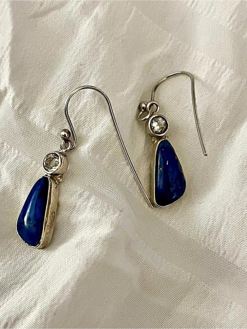 Vintage Sterling Silver 925 Lapis Lazuli Teardrop Dangle Earrings Clear Accent